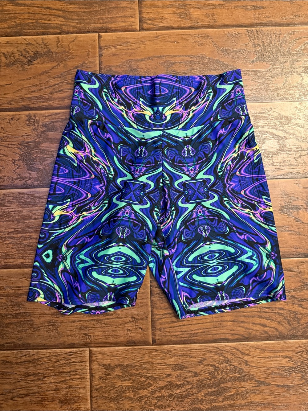 High-Waist Women's Bike Shorts in Blue & Purple Abstract Print